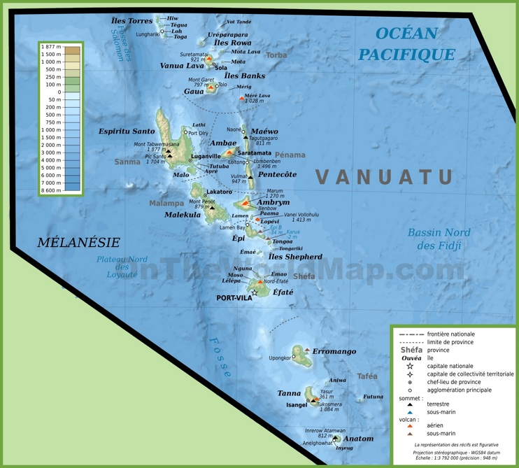 Physical map of Vanuatu islands