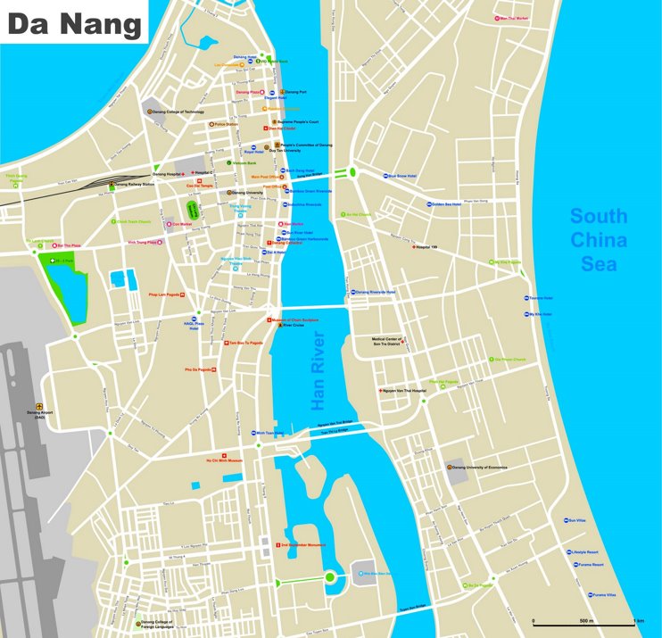 Da Nang hotels and sightseeings map