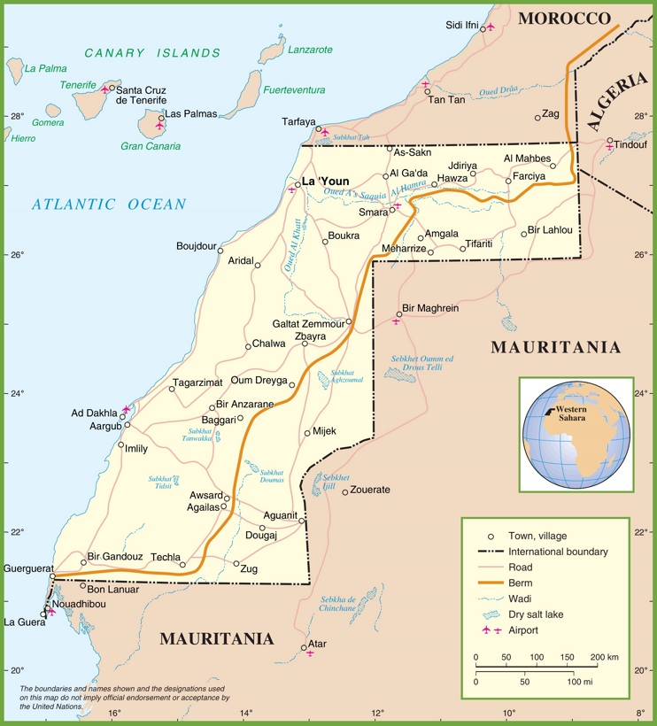 Large detailed political map of Western Sahara