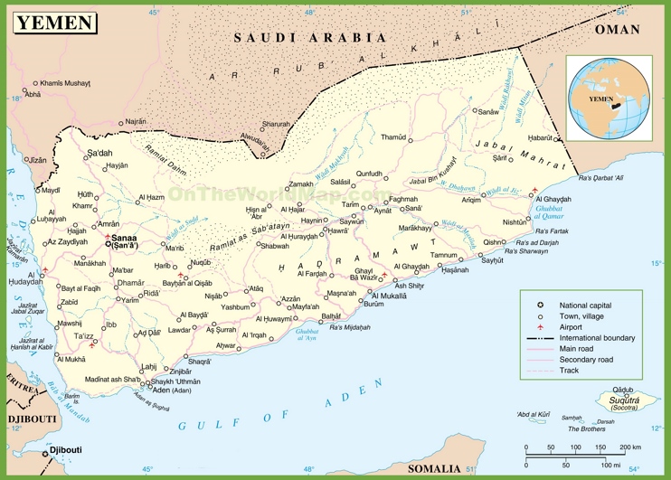 Large detailed map of Yemen with cities and towns